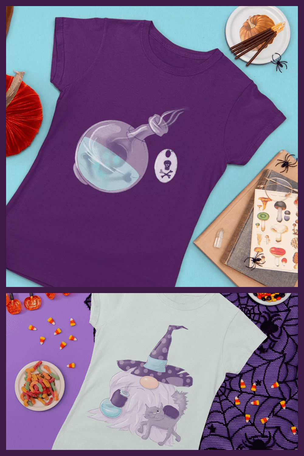 A flask with liquid on a purple t-shirt, a sorcerer with a cat on a white t-shirt.