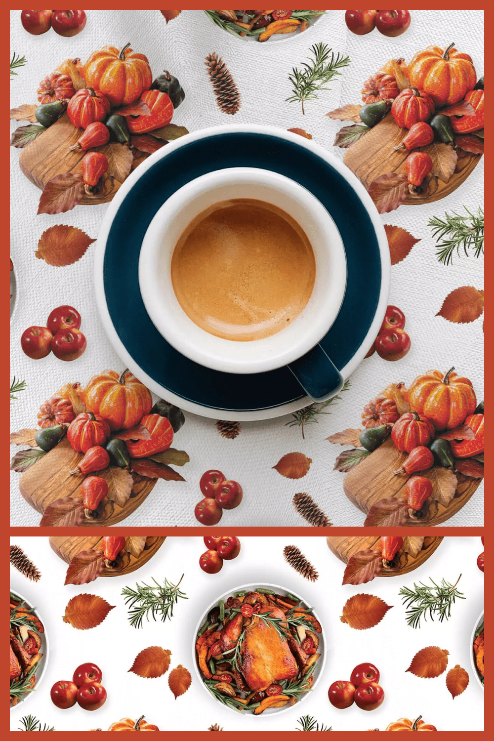 Cup of coffee on a saucer on the table with pictures of pumpkins and turkey.