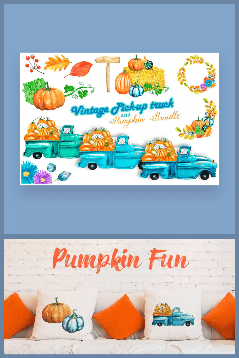 Collage of blue pickup trucks loaded with pumpkins.