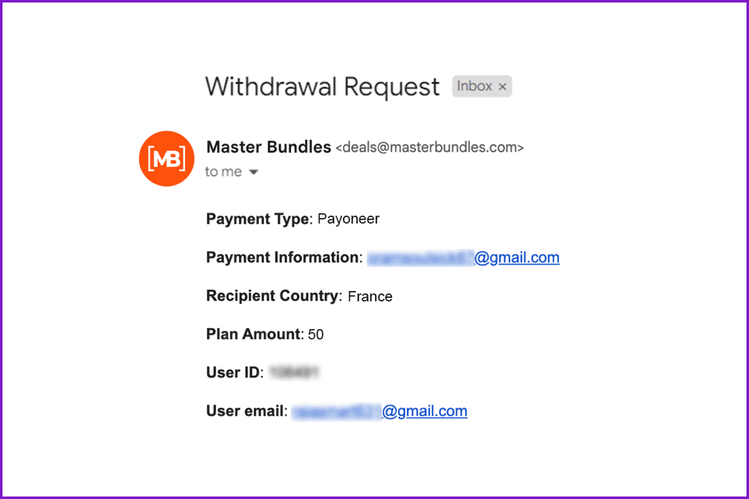 Screenshot of the Withdrawal Request form.