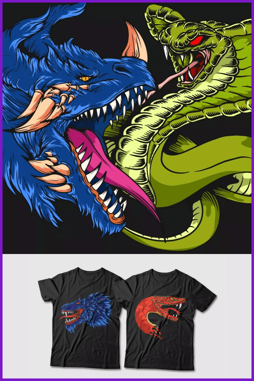 Collage with painted green cobra, blue dragon and red snake on t-shirts.