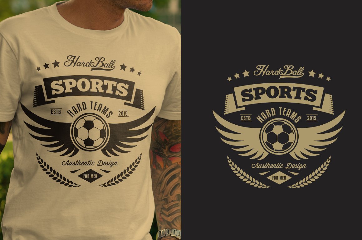 White T-shirt with design a football theme on the man and same image on a black background.