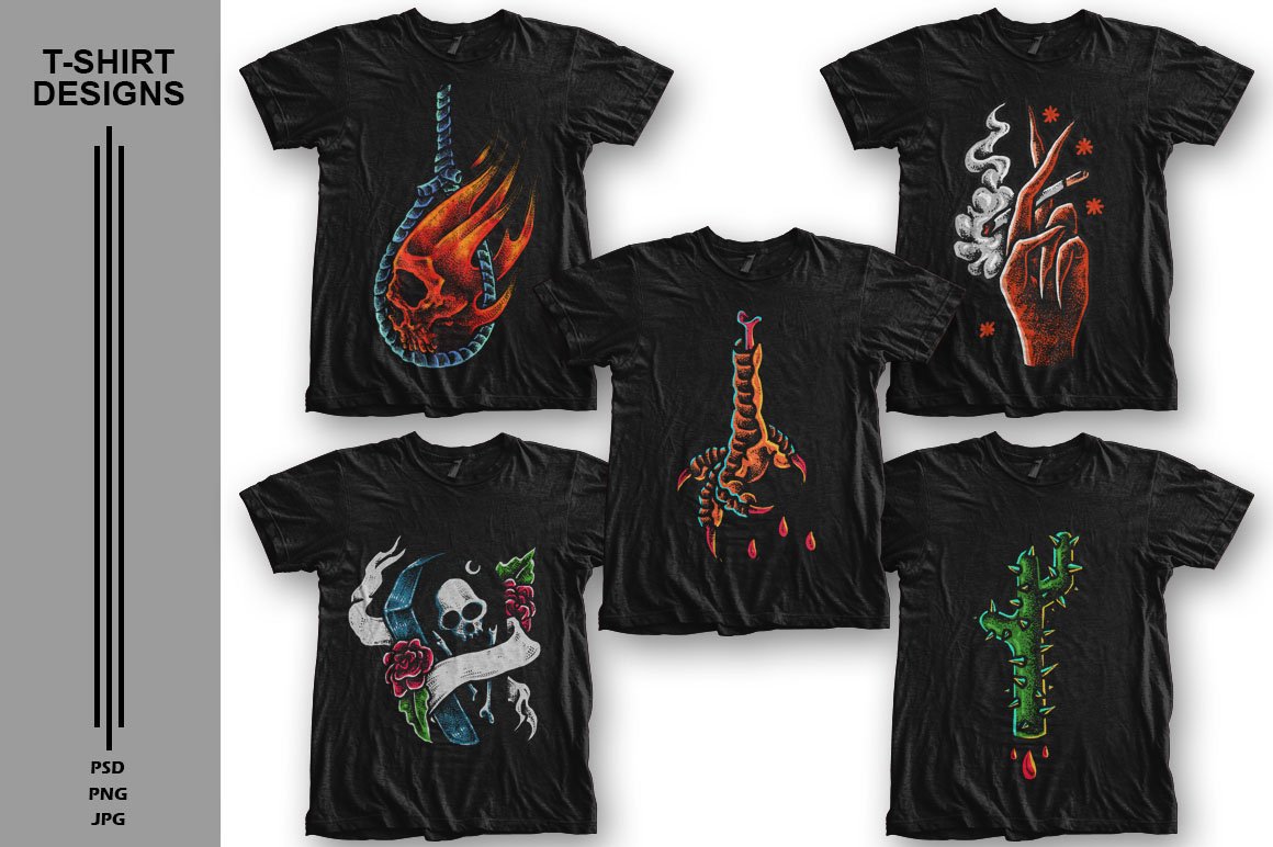 Set of 5 black t-shirt with design tattoo.