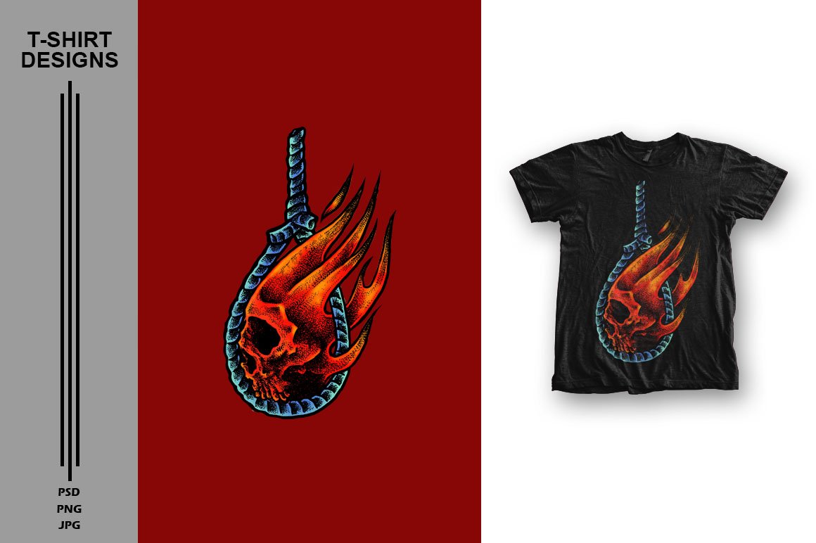 Black T-shirt with a burning skull.