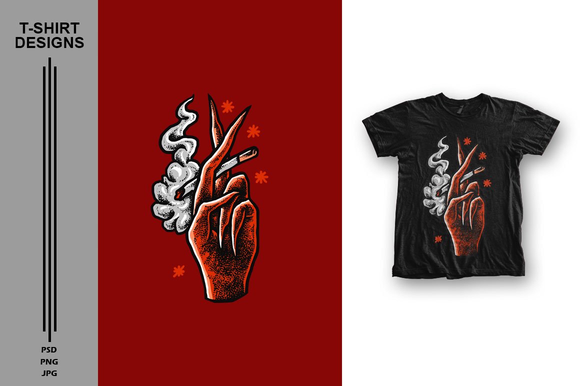 Black T-shirt with crossed fingers holding a cigarette.