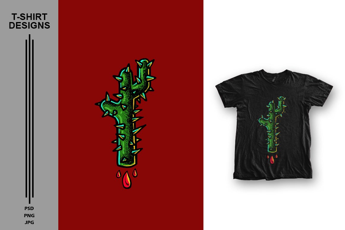 Black T-shirt with a picture of a cactus with blood.