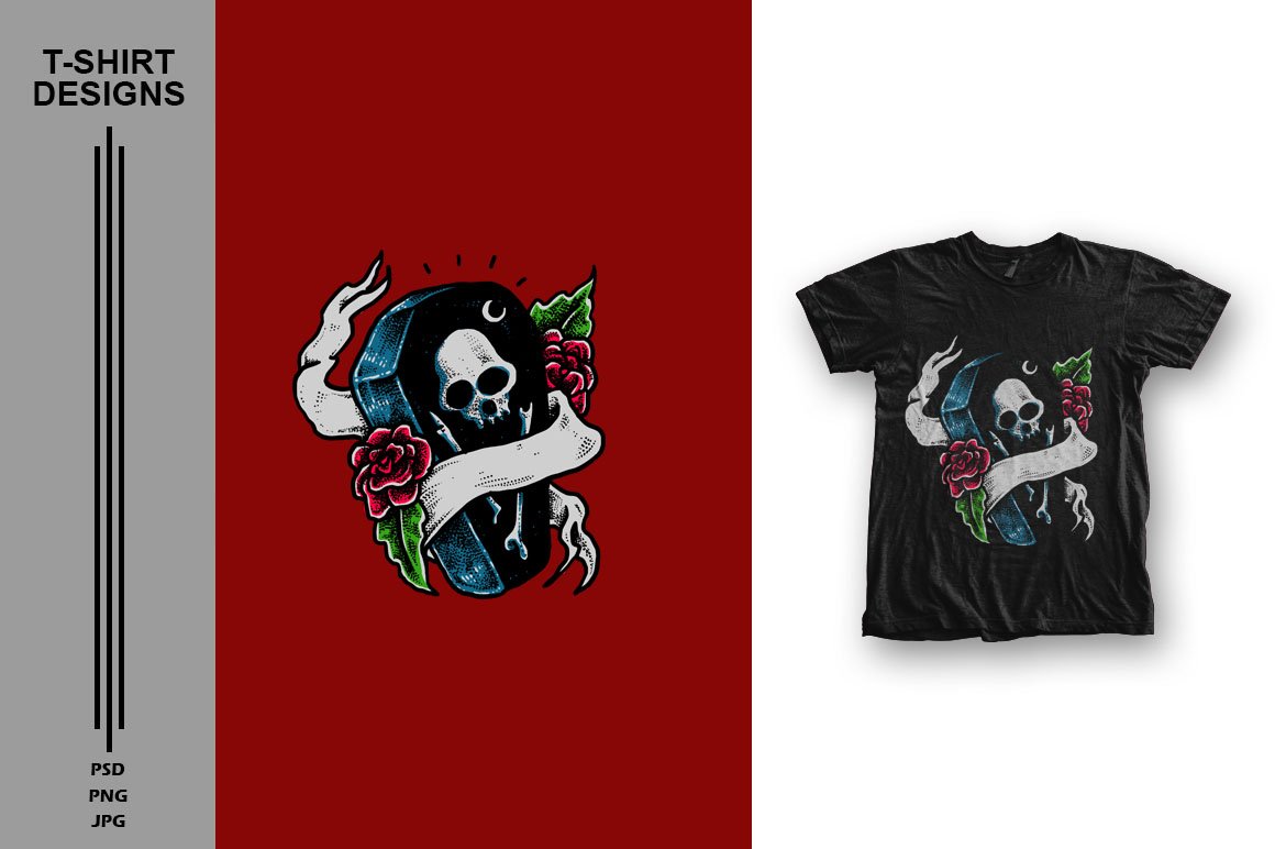 Black T-shirt with skull tombstone.