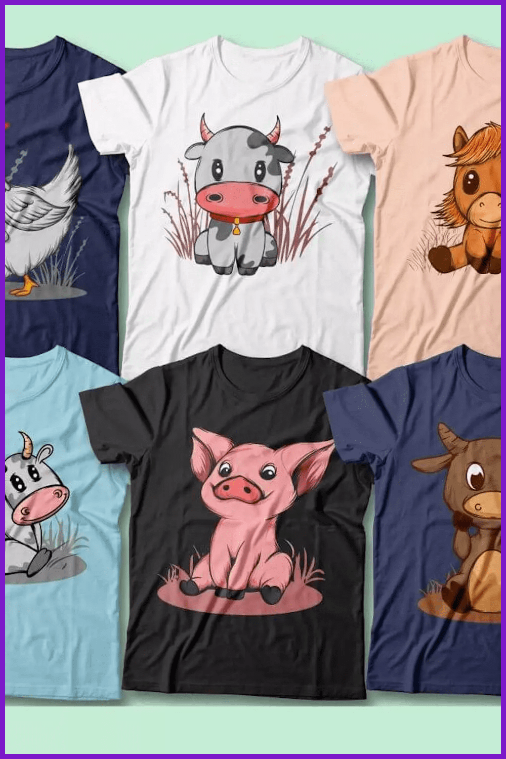 T-shirts in different colors with cute cows, pigs, chickens, bulls.