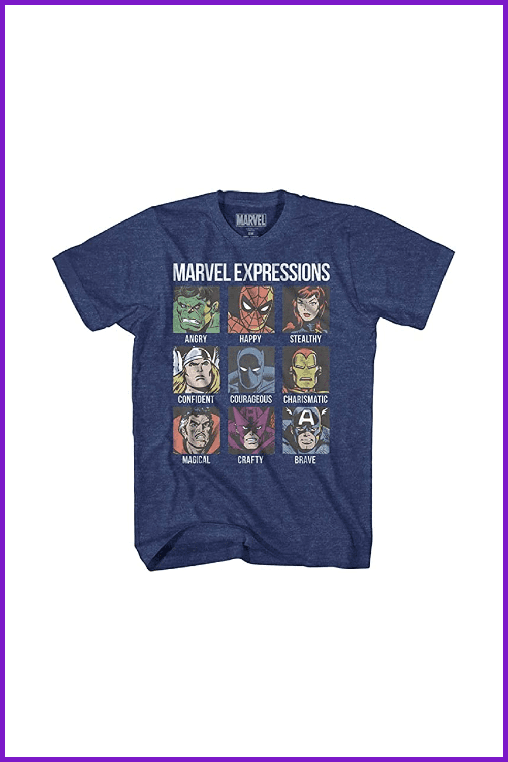 Blue T-shirt with painted Marvel super heroes.
