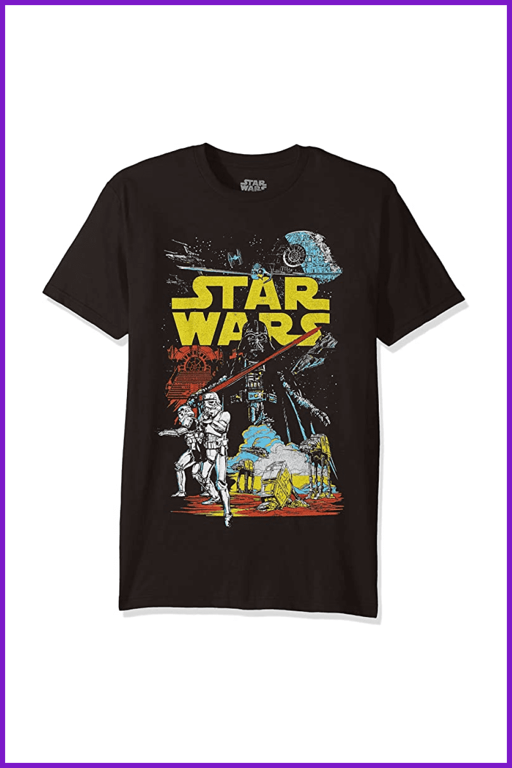 T-shirt with AT-AT, Darth Vader, Death Star, Millennium Falcon, Stormtropper, and X-Wing.