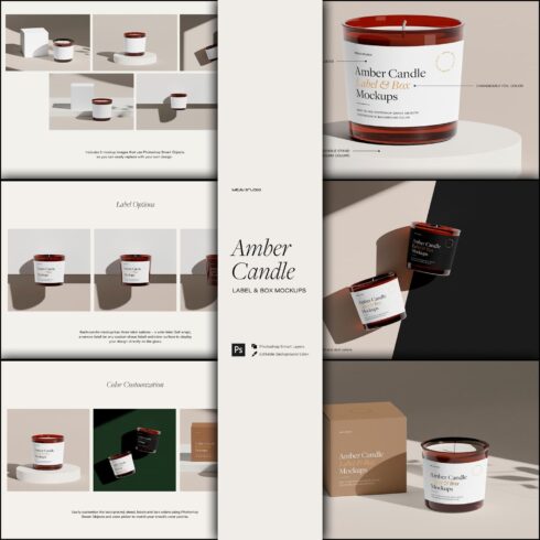 Amber Glass Candle & Box Mockup Set.