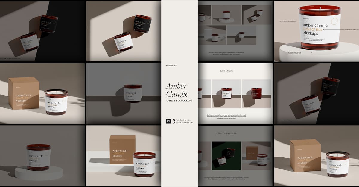Amber Glass Candle & Box Mockup Set - Facebook.