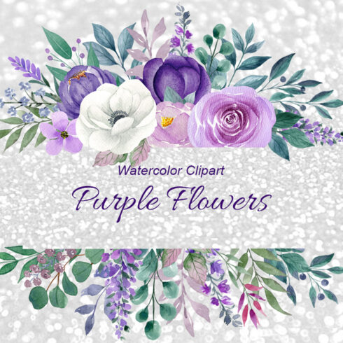 Set of Watercolor Wedding Bouquets and Flowers in Purple Tones cover image.