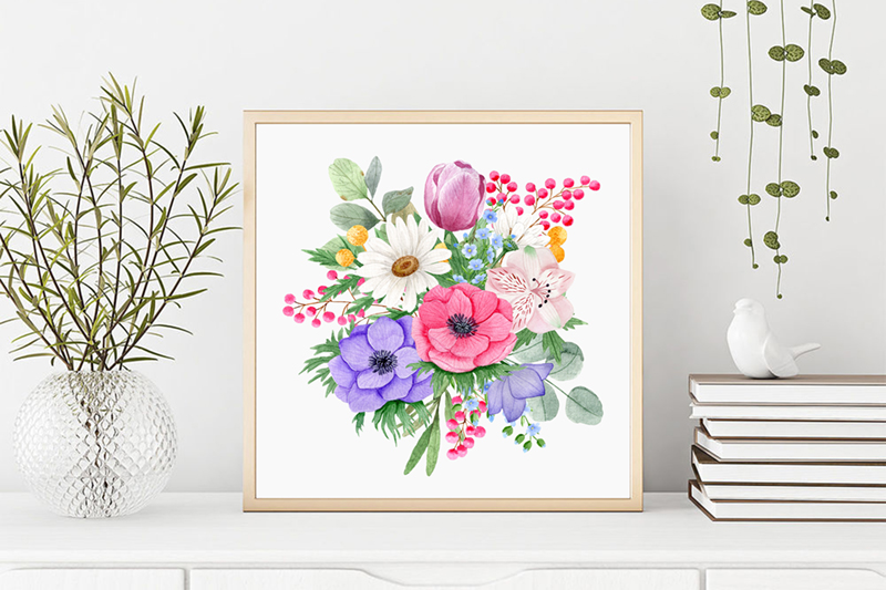 Watercolor Flower Bouquets of Anemones, Tulips, Daisies for print.