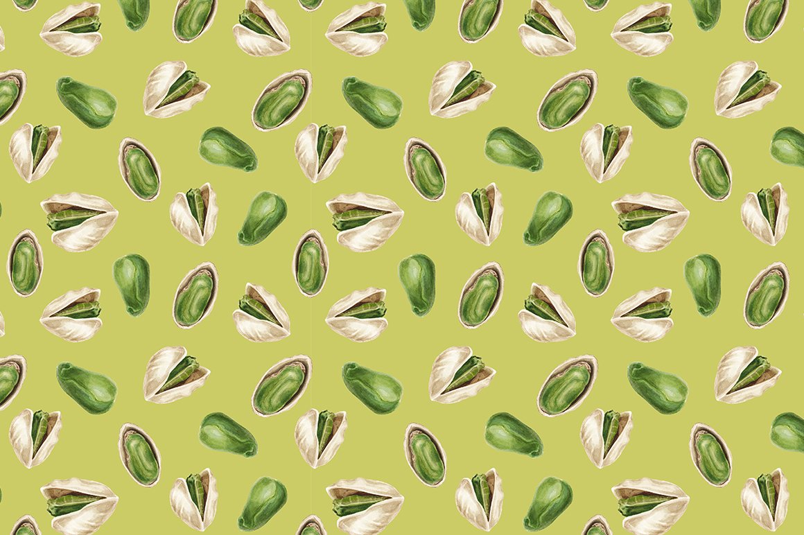 Green background with lots of pistachios.