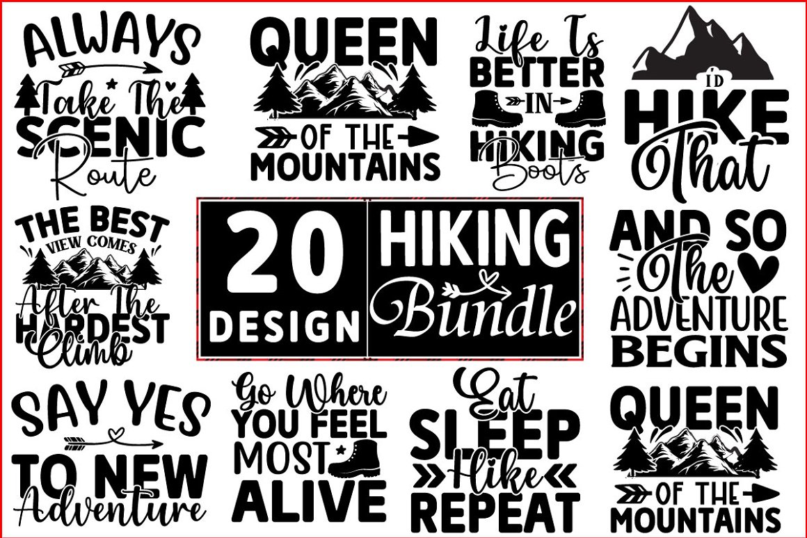 Set of 20 black hiking images for t-shirt design.