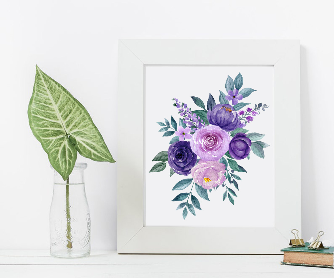Set of Watercolor Wedding Bouquets and Flowers in Purple Tones, good for interior design.