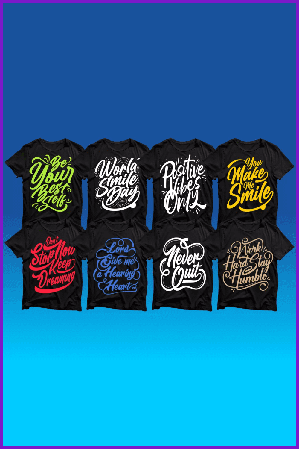 Black t-shirts with different colored calligraphic text on them.