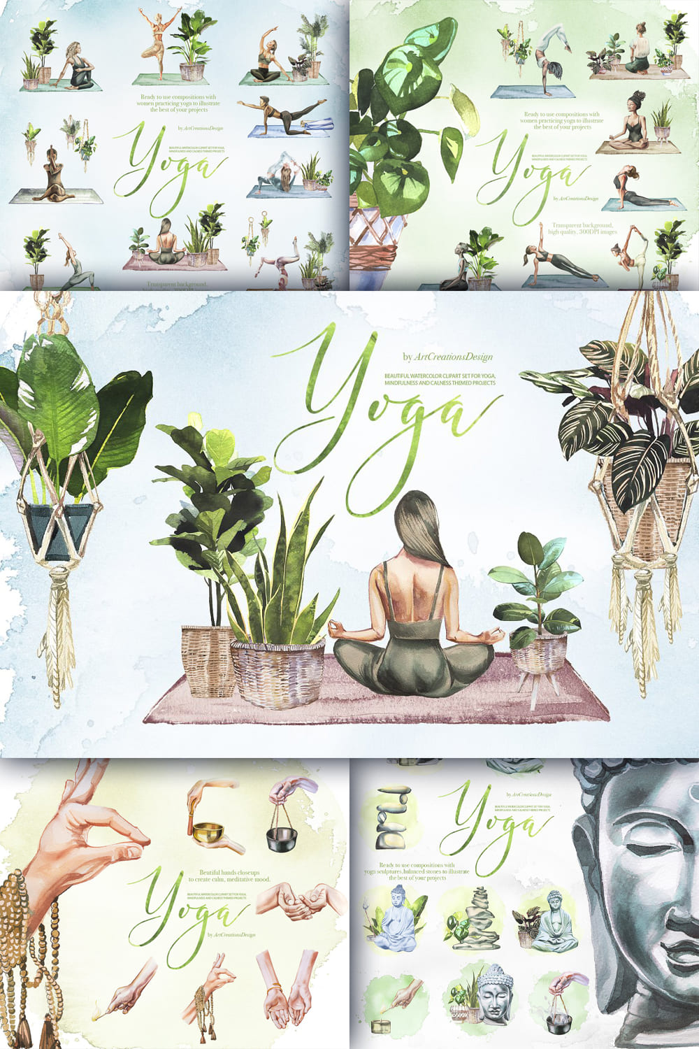 Watercolor yoga clipart set - pinterest image preview.