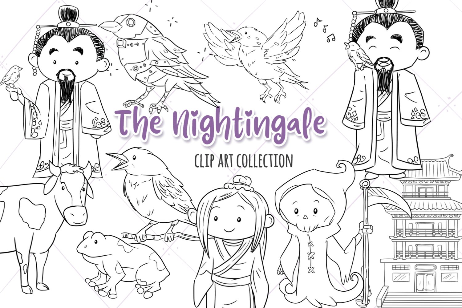 Outline Kawai characters with nightingale.