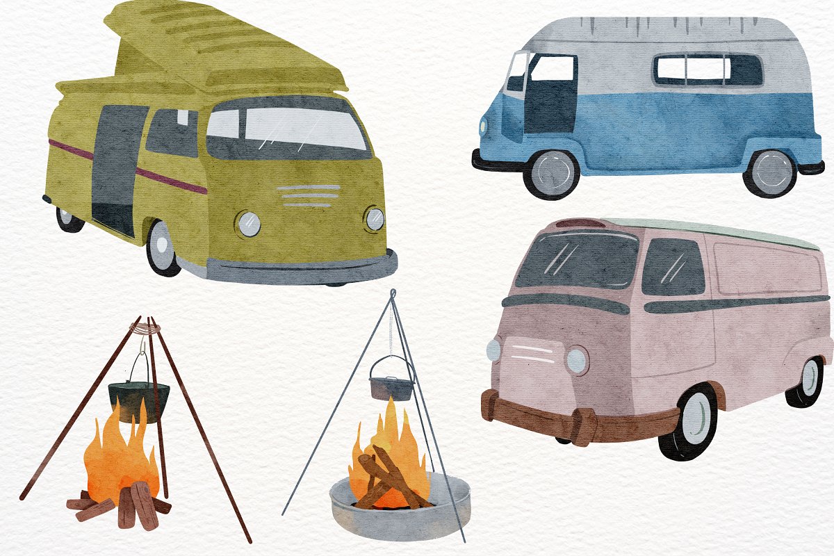 Watercolor camping buses.