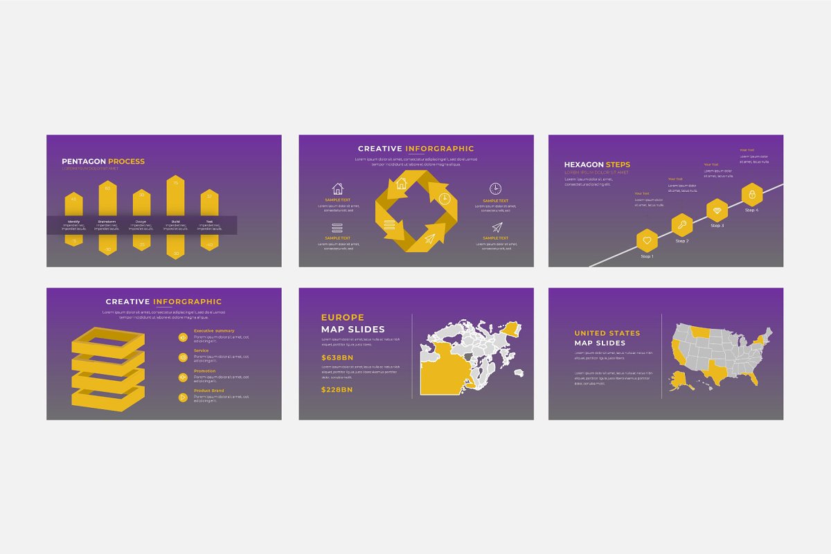 Creative infographics and map slides.