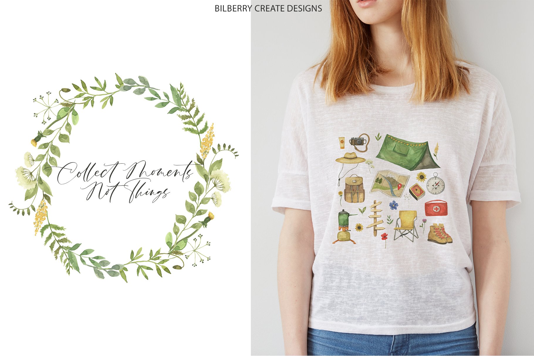 Classic white t-shirt with a camping print.