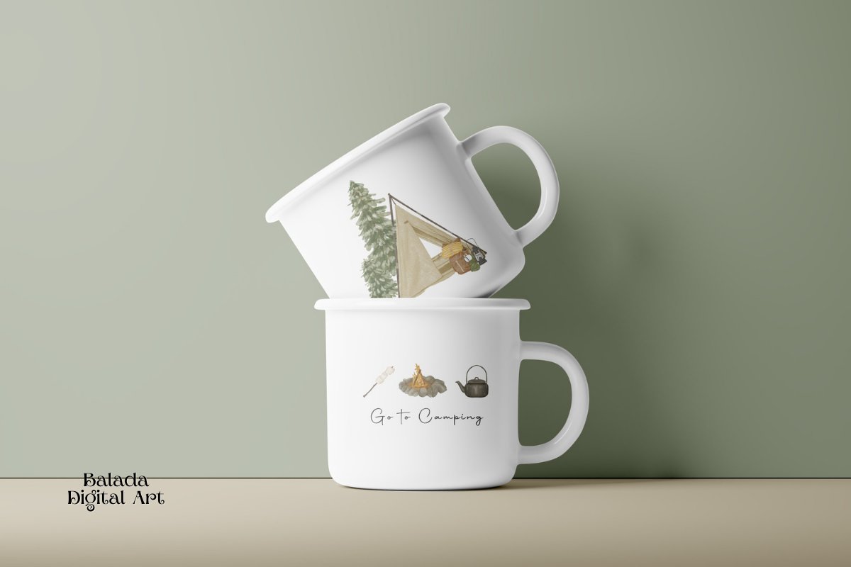 White metallic cups with camping illustration.