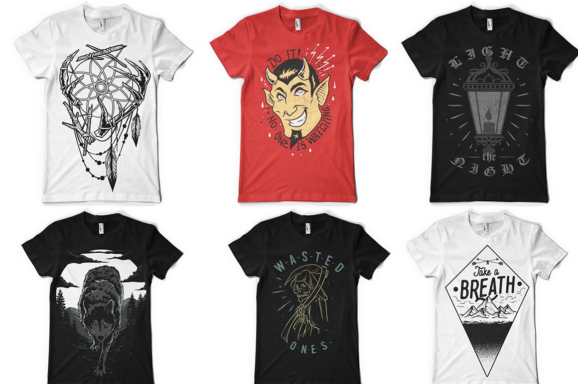 Red, white and black t-shirts with retro illustrations.