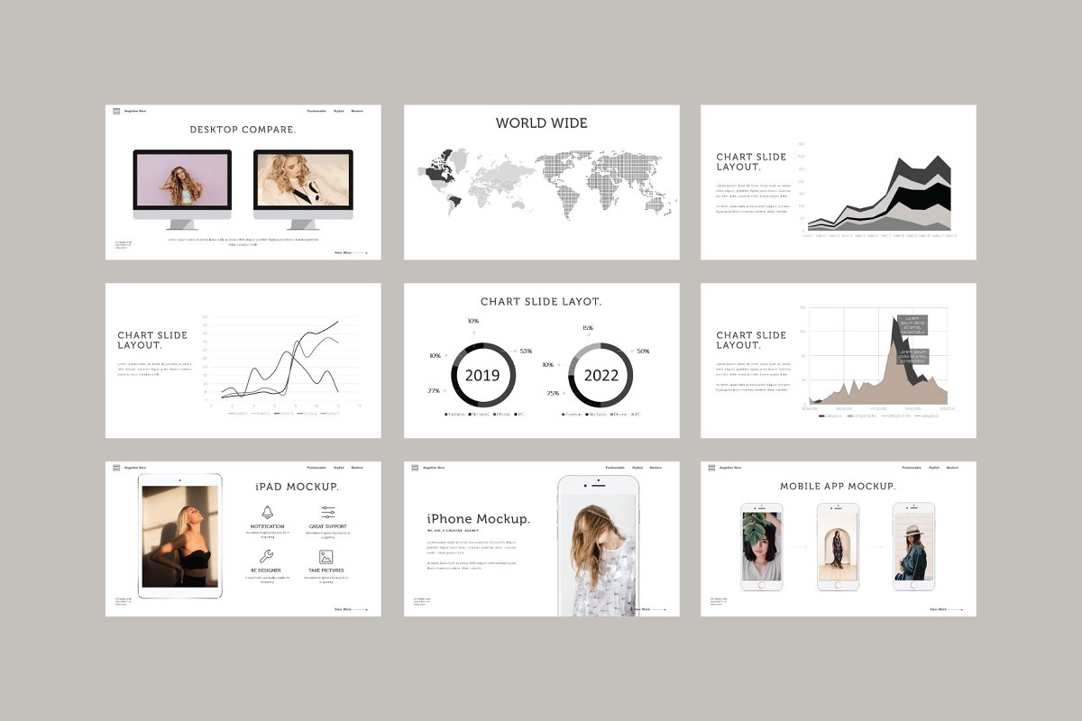 There are a lot of slides with mockups, infographics, diagrams and maps elements.