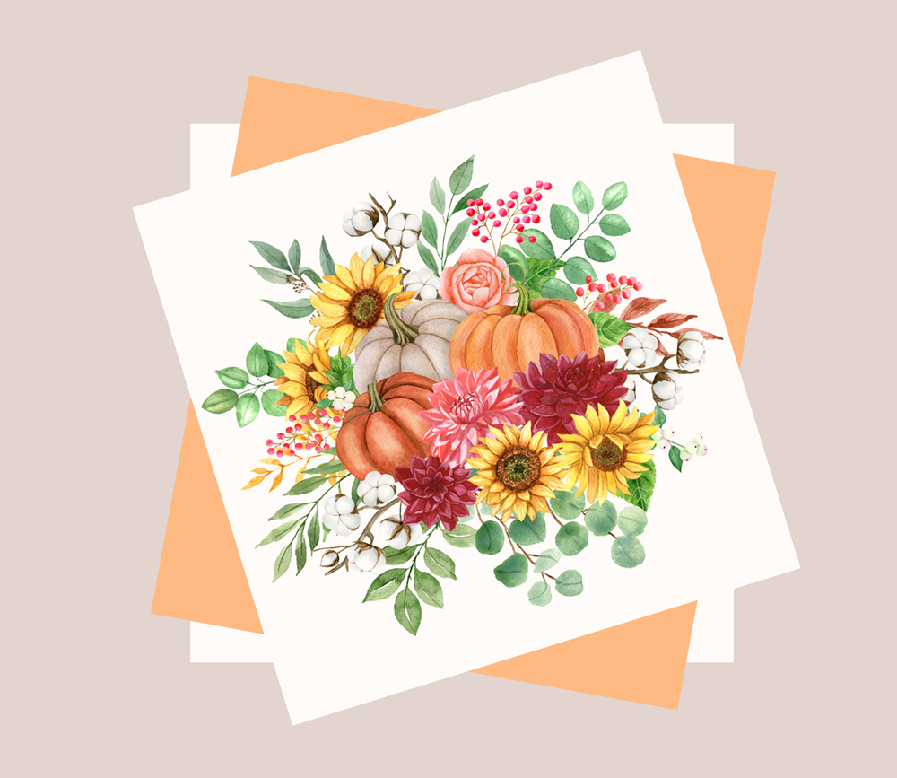 Autumn Collection of Watercolor Flowers and Pumpkins for your design.