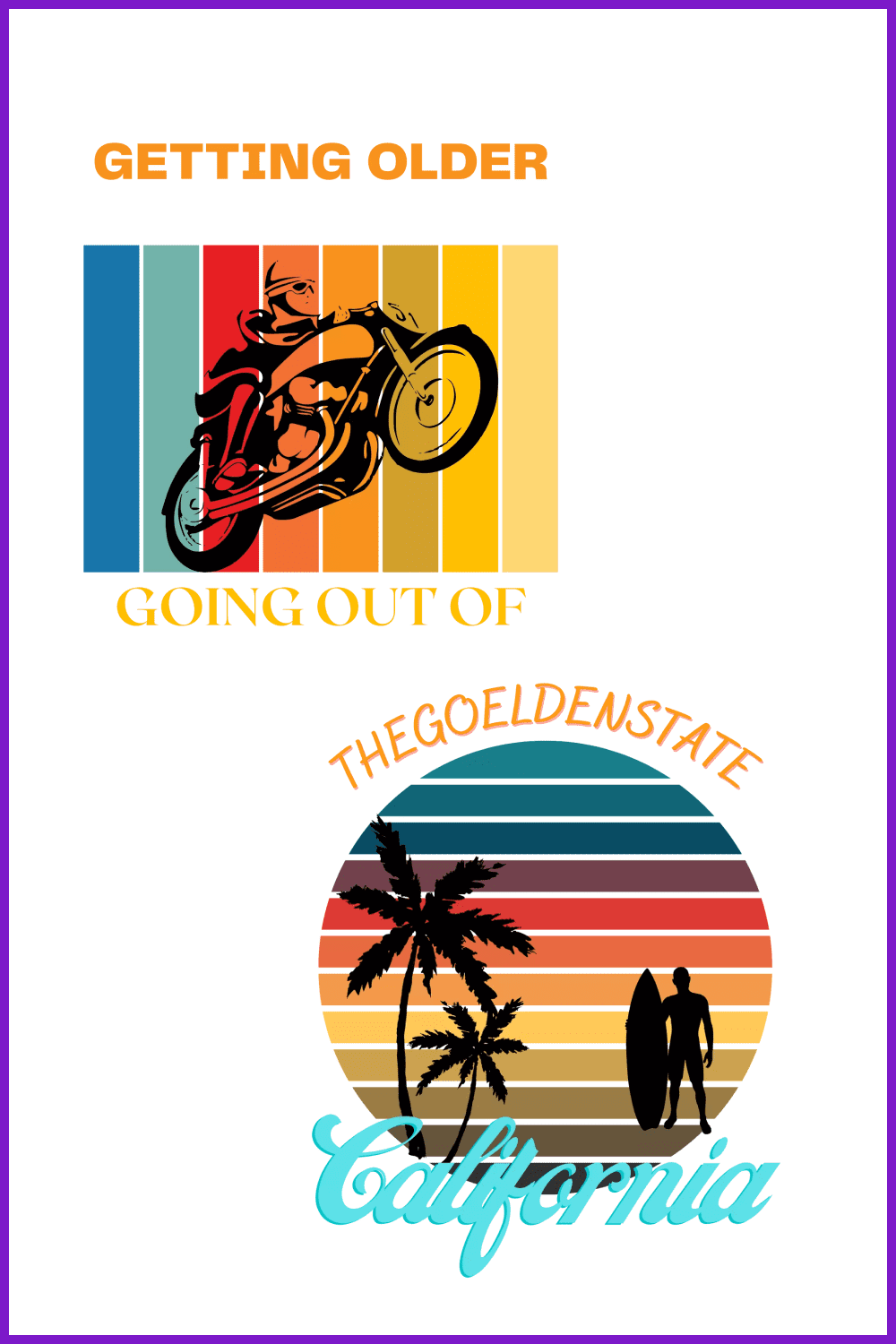 Surfer and motorcyclist on rainbow background in vintage style.