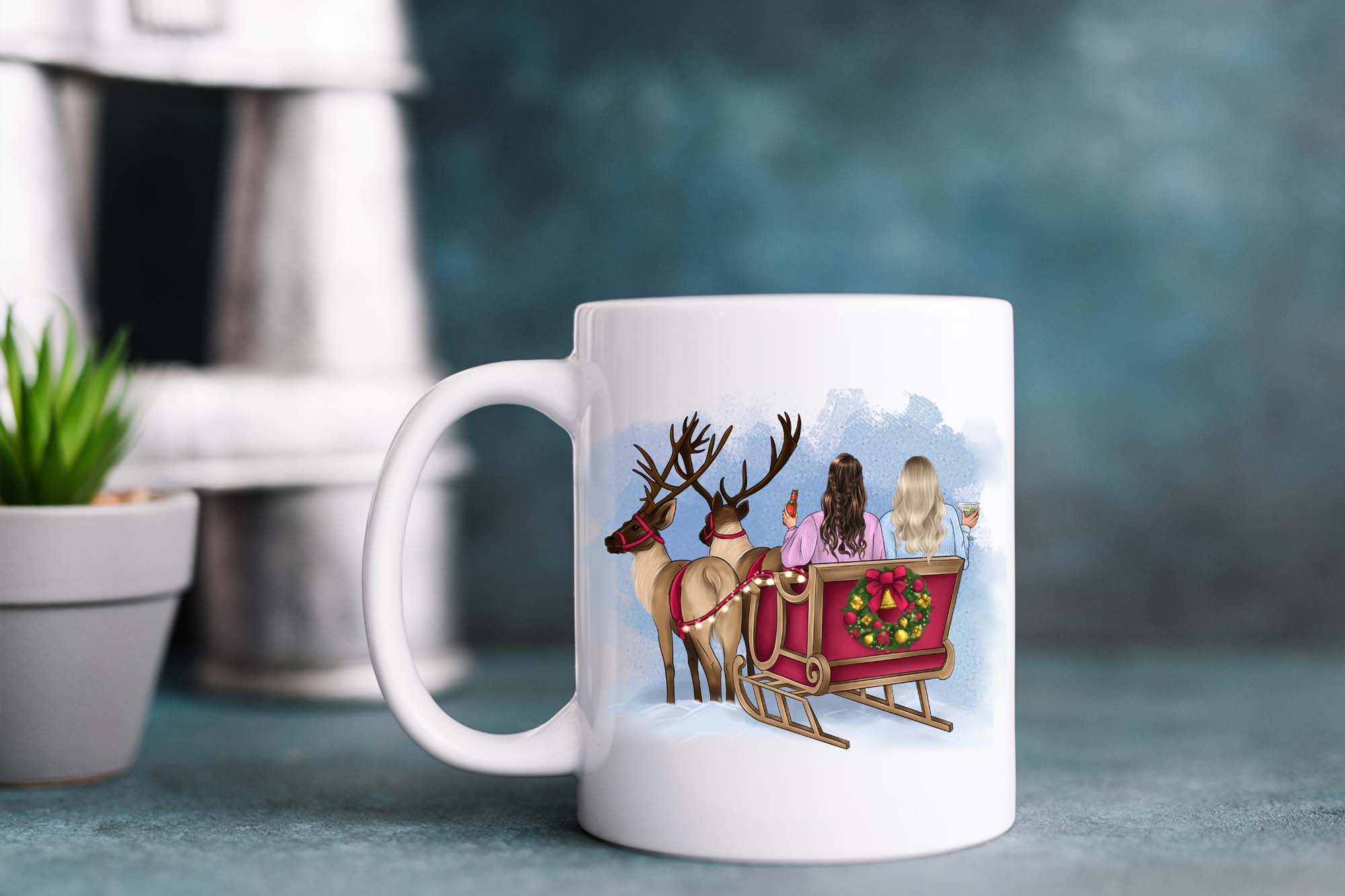 Friends in a Sleigh with Reindeer mug mockup.
