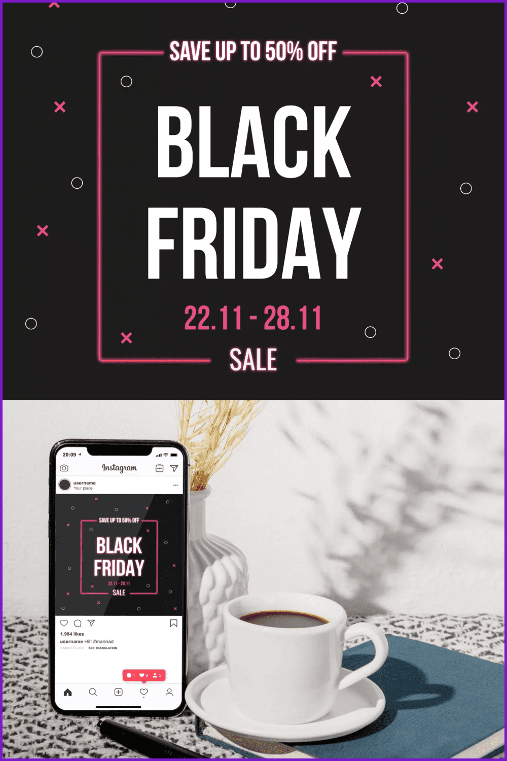 Poster with white text, red square and black background for Black Friday.