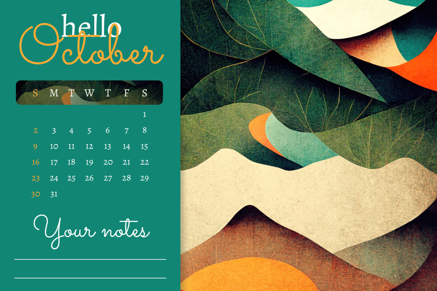 October calendar with green background and painted abstract leaves.