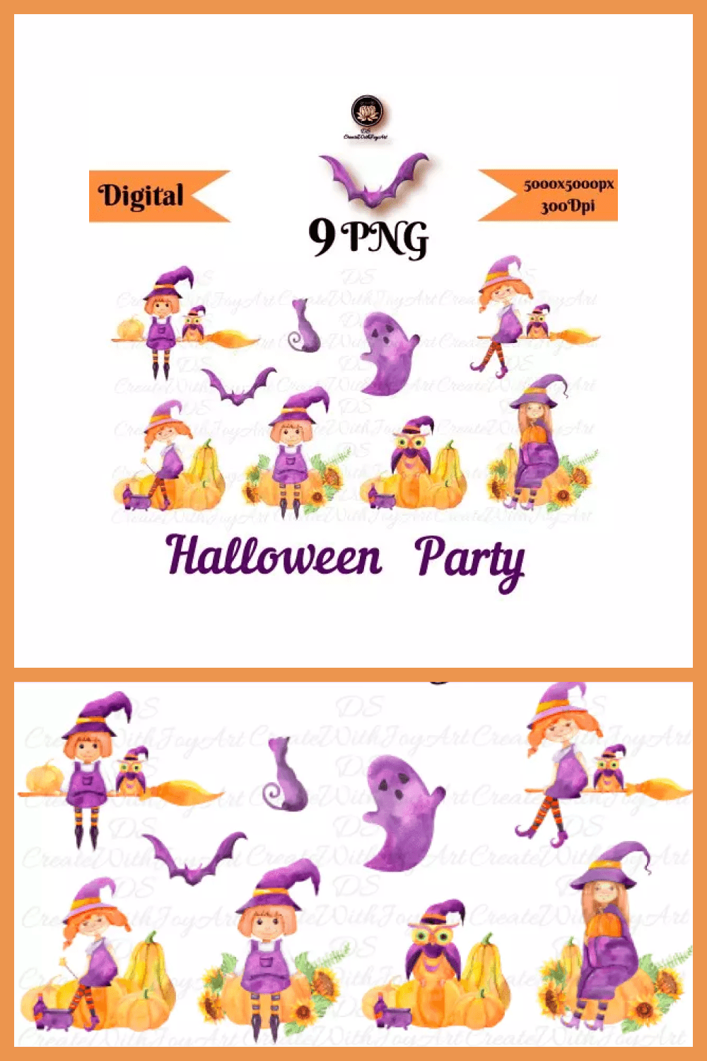 Collage of images of little witches in purple dresses with pumpkins, ghosts and cats.
