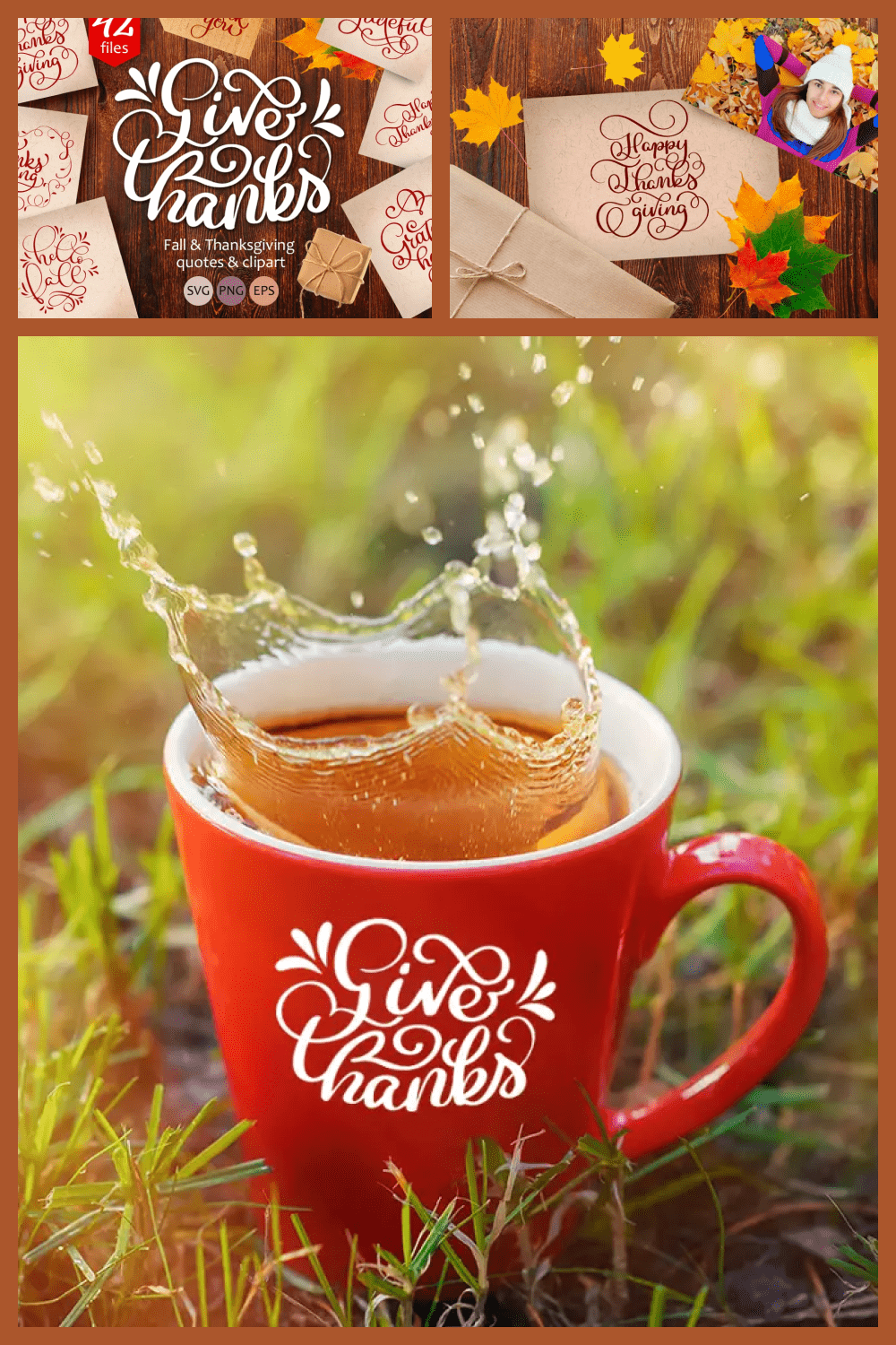 Collage with a photo of a red cup with tea with a white logo, envelopes and colorful leaves.