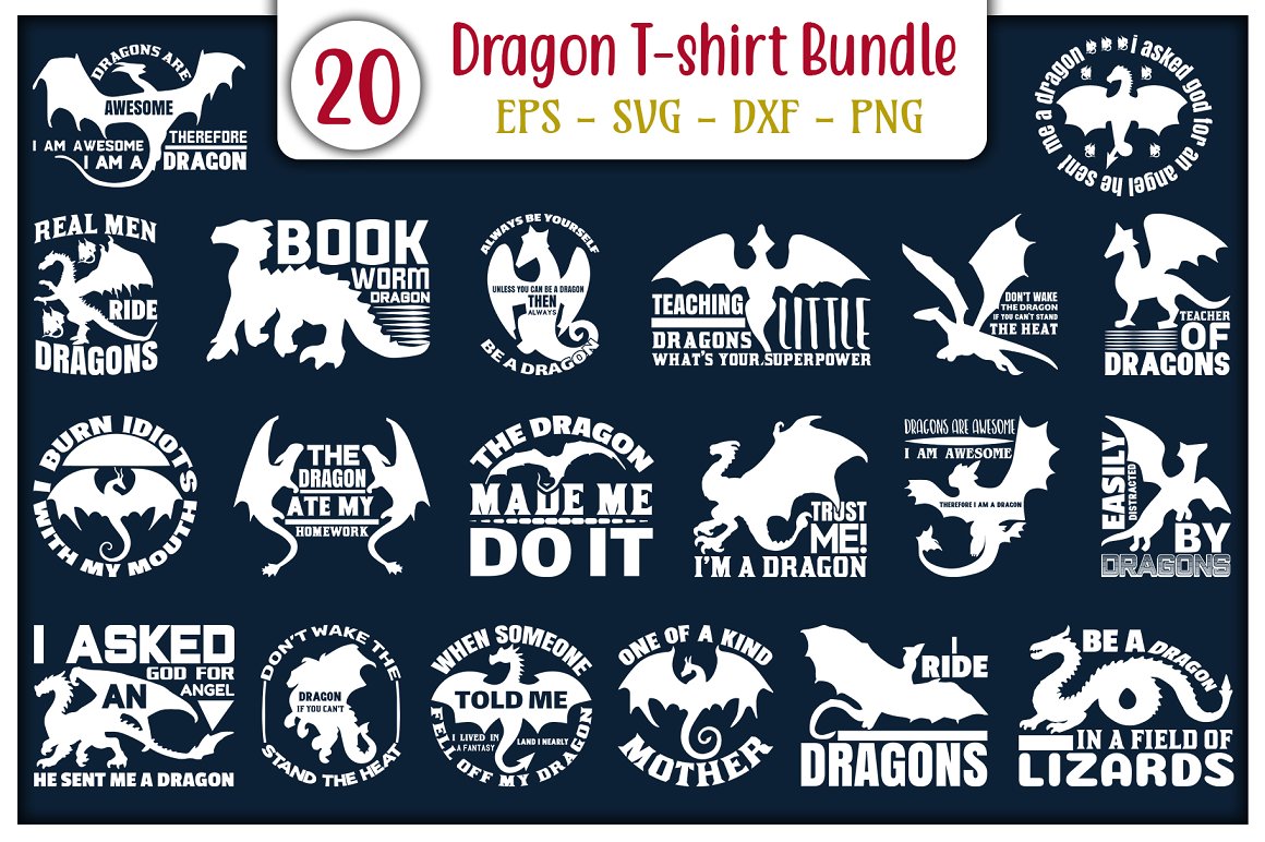Set of 20 images with white dragon for t-shirt design.