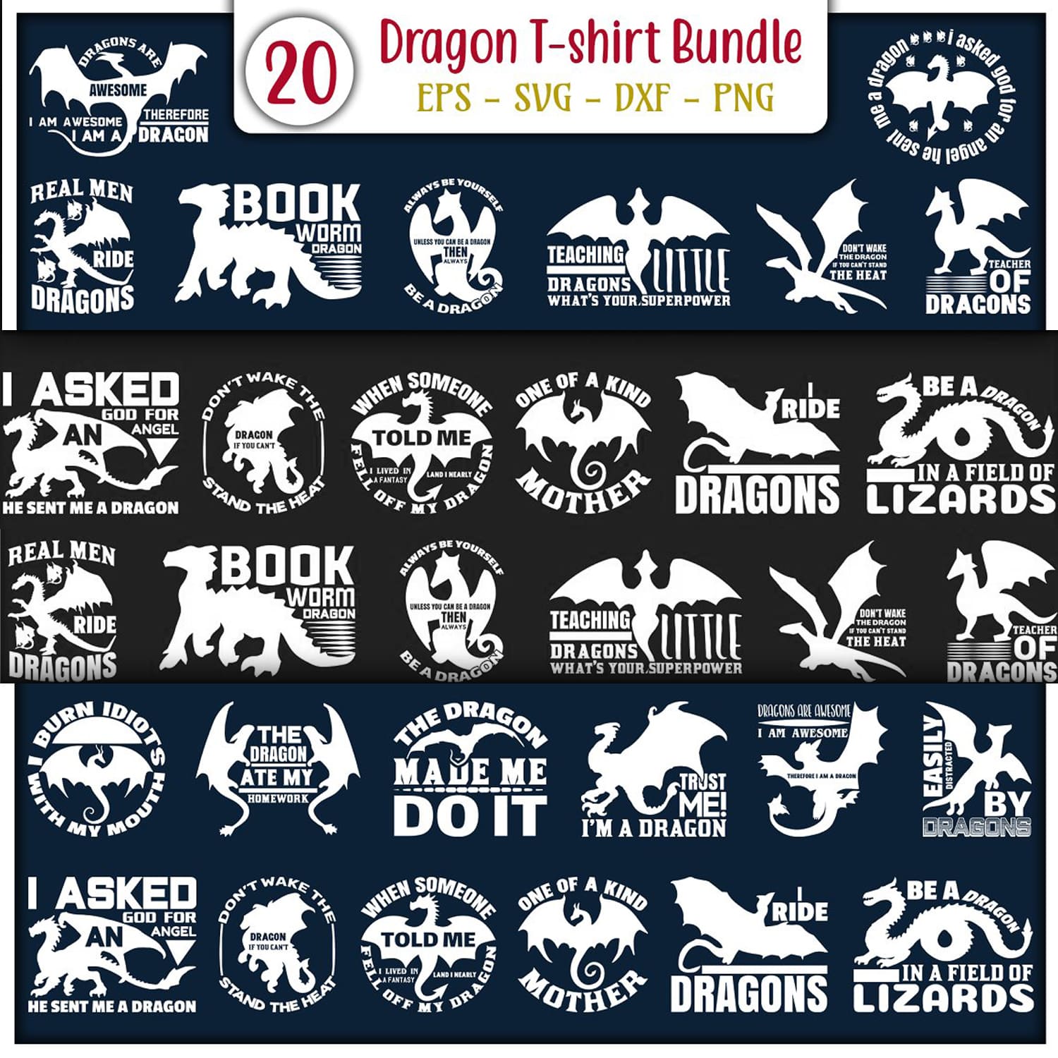 Dragon T-shirt Design Bundle White Cover.