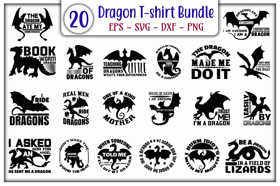 Set of 20 images with black dragon for t-shirt design.