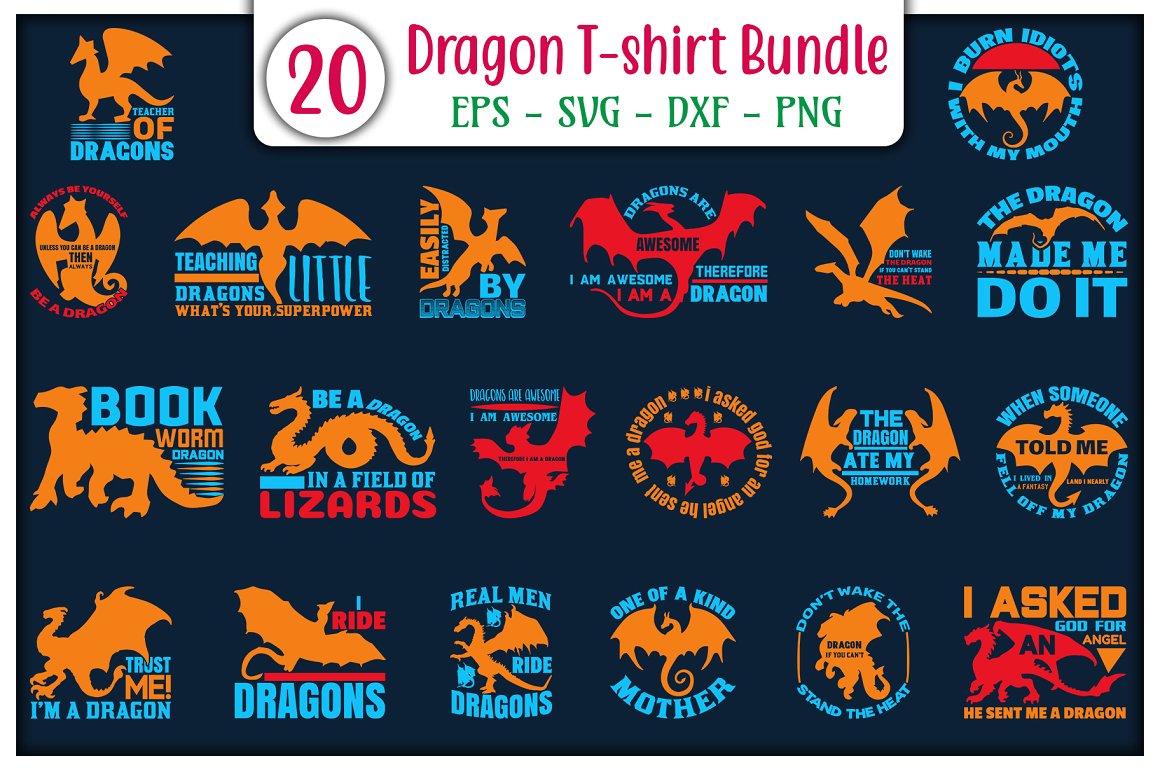 Set of 20 images with colorful dragon for t-shirt design.