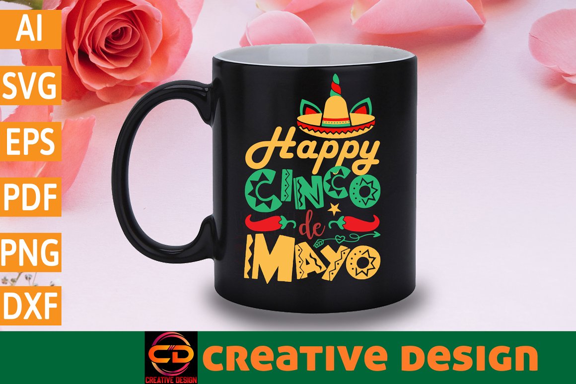 Black cup with the lettering "Happy Cinco de Mayo".