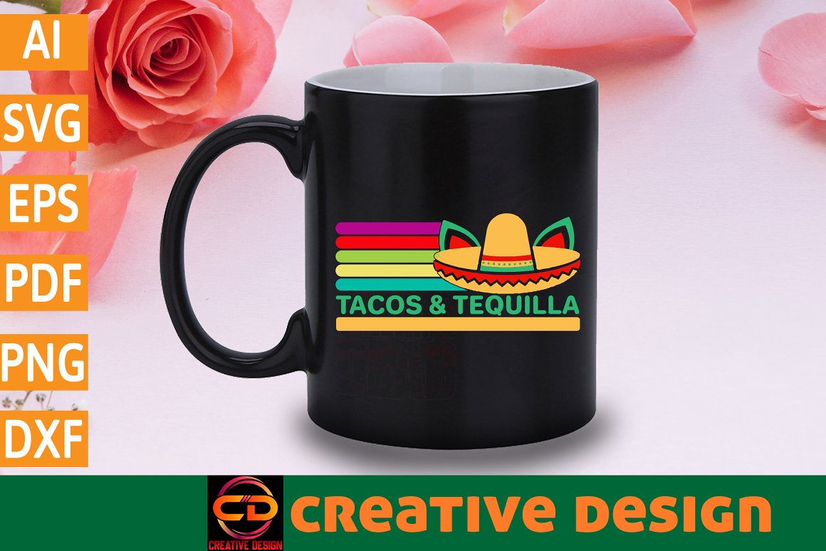 Black cup with the lettering "Tacos & Tequilla".