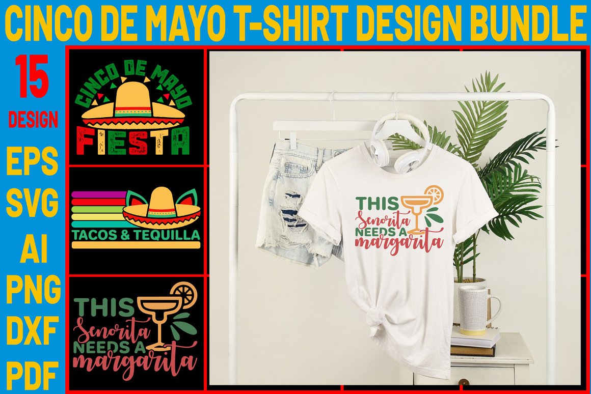White t-shirt with image a margarita and the lettering "This senorita needs a margarita".