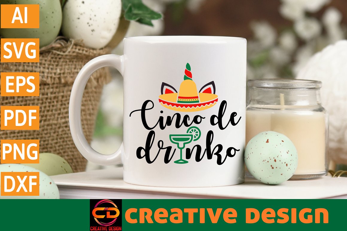 White cup with the lettering "Cinco de drinko".