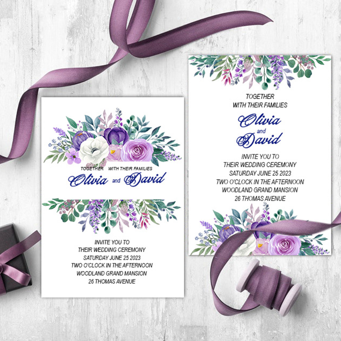 Set of Watercolor Wedding Bouquets and Flowers in Purple Tones for wedding design.