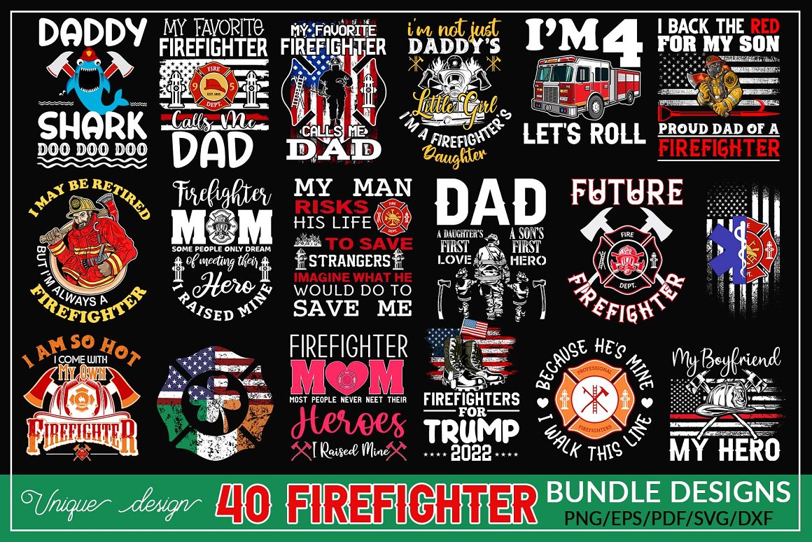 40 Firefighter T-shirt design bundle.