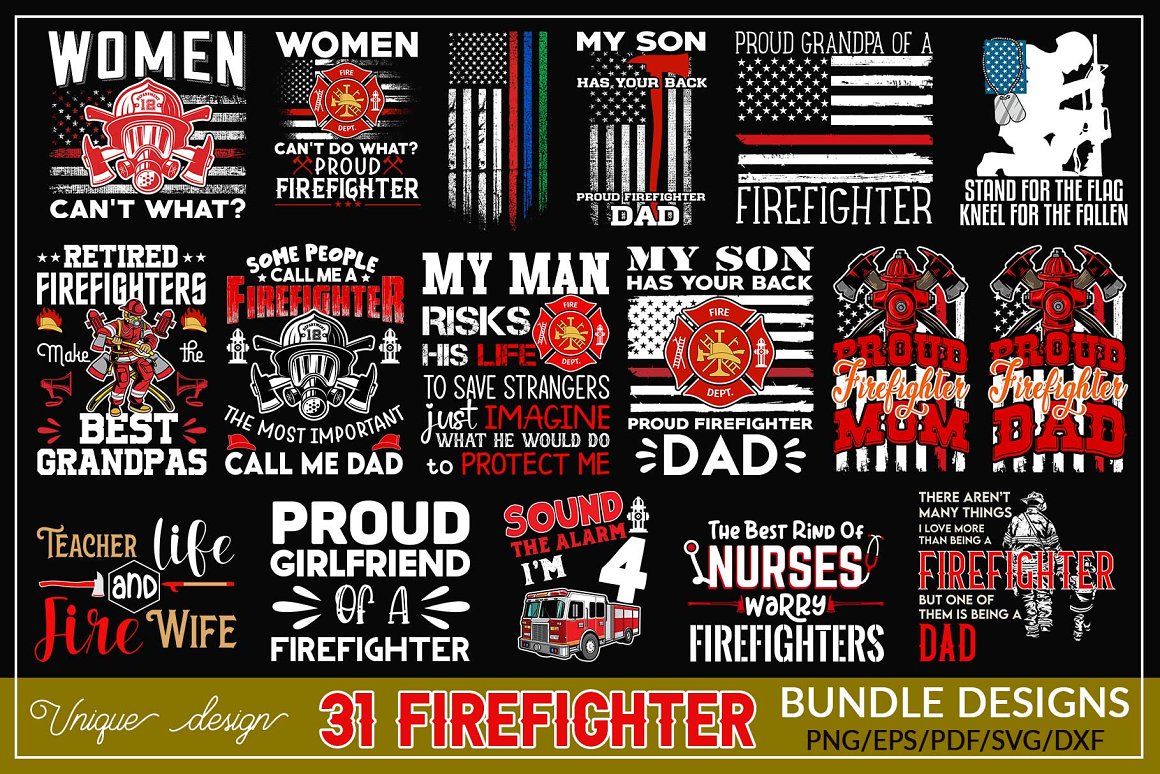 31 Firefighter T-shirt design bundle.