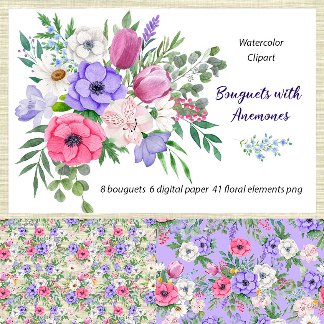Watercolor Flower Bouquets of Anemones, Tulips, Daisies cover image.