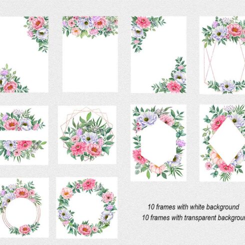 Watercolor set of floral bouquets, frames, wreaths. Pink-purple flowers ...